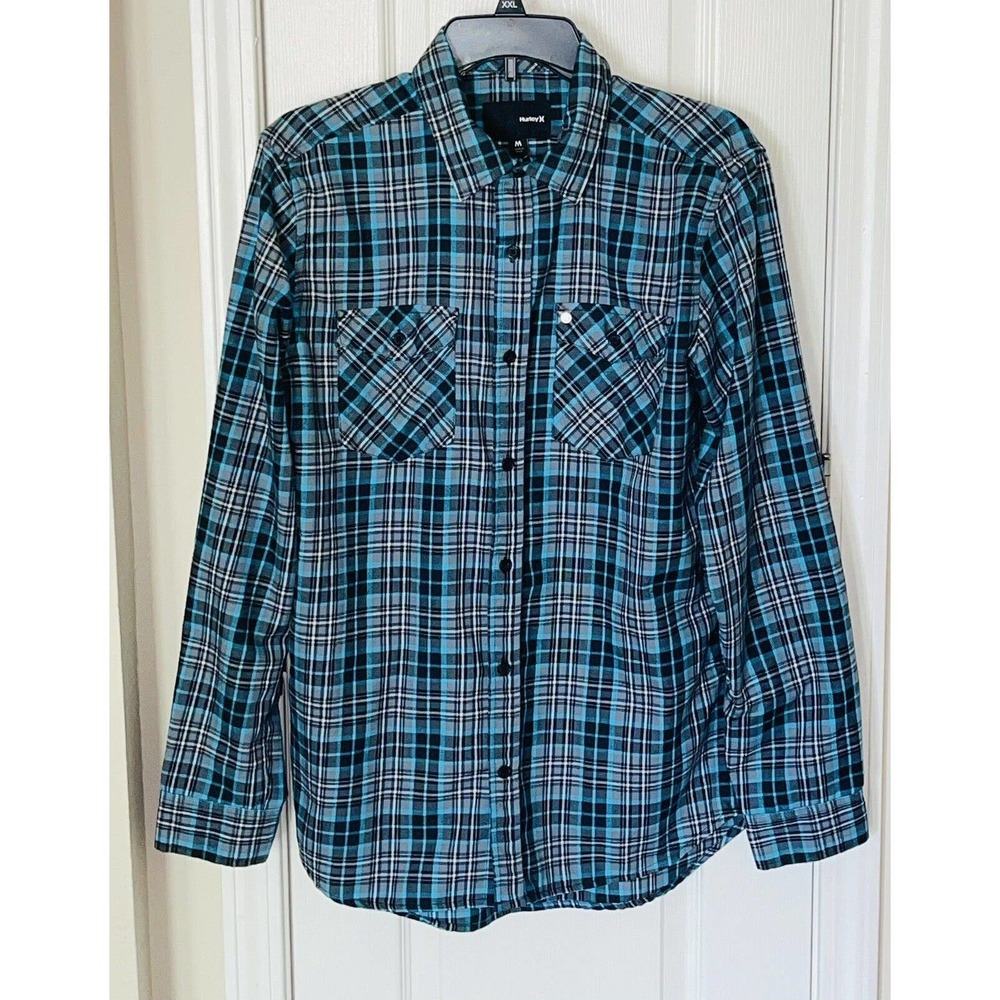 Men’s‎ Hurley 100% Polyester Long Sleeve Button Down Blue Plaid Shirt Medium